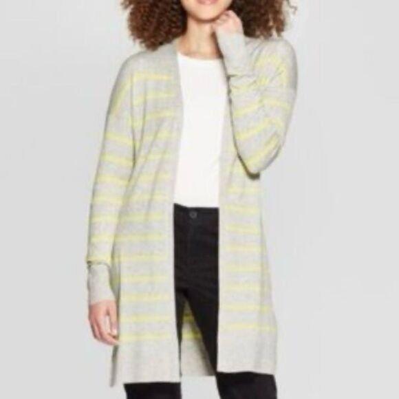 A New Day Long Sleeve Open Cardigan in Gray with Yellow Stripe - Size M - Picture 1 of 6
